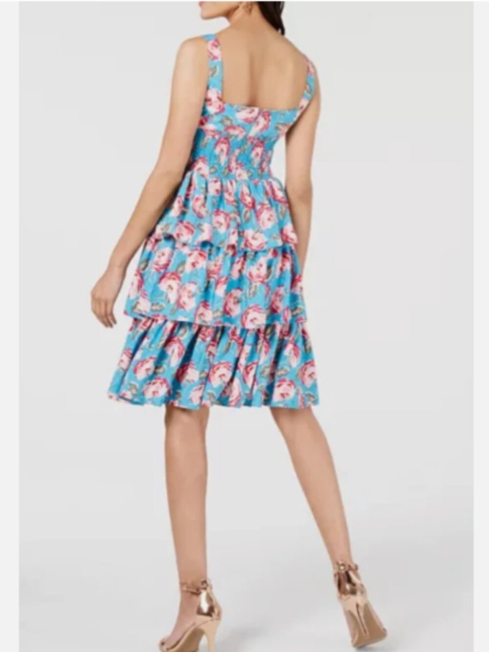 Betsey Johnson Blue Floral Tiered Mini Dress with Pink Roses - Picture 6 of 6